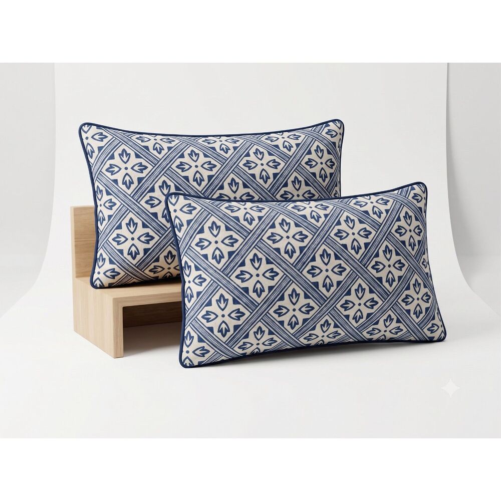 🛋️ Patdrea Blue & White Geometric Linen Blend Throw Pillow Covers 12"x20"